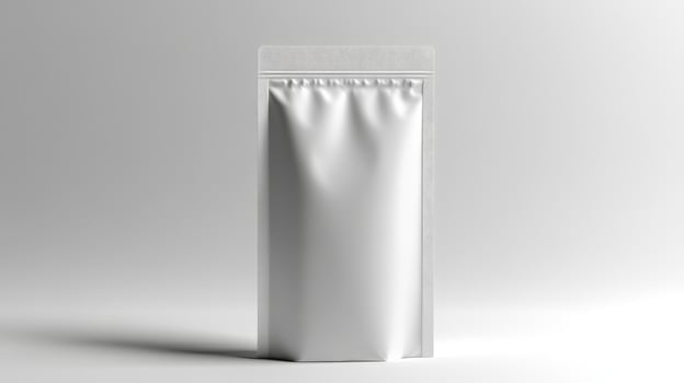 A sleek white packaging bag stands prominently against a soft gradient backdrop during a minimalistic presentation setup photo
