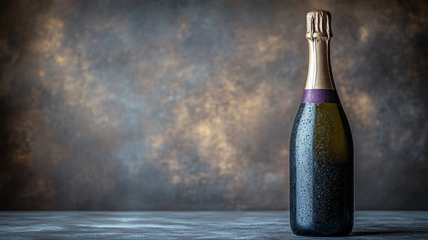 A sparkling bottle of champagne glows against a textured backdrop, inviting celebration and joyful moments in the dim light photo