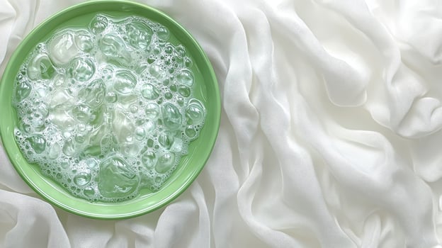 A serene moment with bubbles in a green bowl placed on soft, flowing white fabric during a peaceful afternoon at home photo