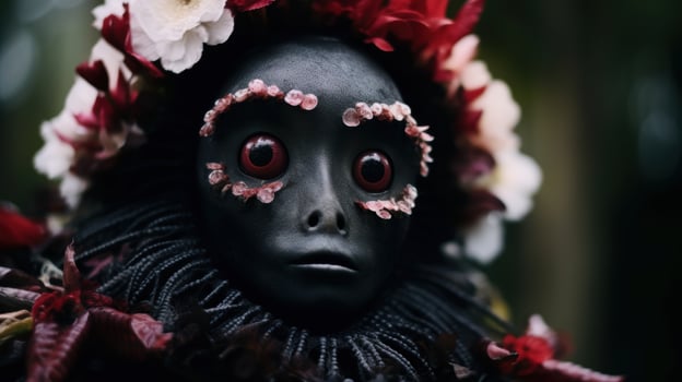 Creepy black doll with red eyes and flower crown photo