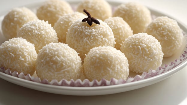 Delicious coconut balls arranged on a white plate with a hint of spice for an inviting dessert experience at a festive gathering photo