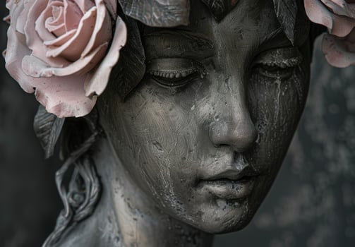Weathered stone face with pink rose photo