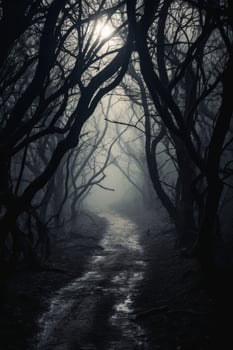 Mysterious forest path in the mist photo