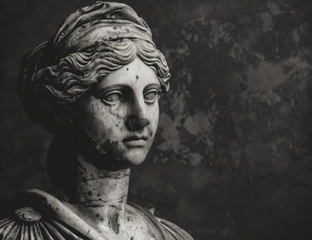 Weathered ancient statue in black and white photo