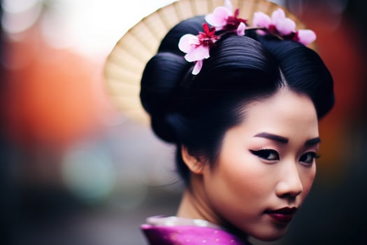 beautiful asian woman with traditional hairstyle and flowers photo