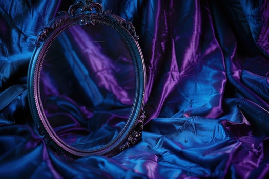 Ornate mirror reflecting vibrant velvet curtains photo