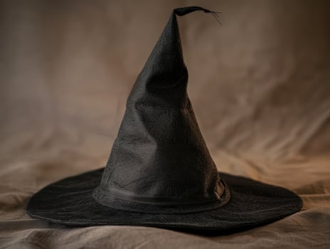 Mysterious black witch hat on dark background photo