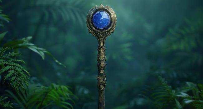 Magical staff with glowing blue crystal in lush forest photo