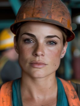 Serious female construction worker with hardhat photo