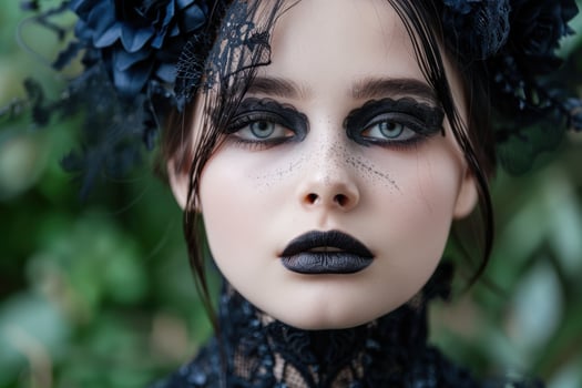 gothic beauty with dark makeup and floral headpiece photo