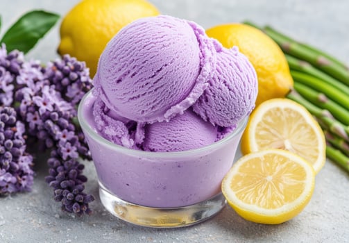 Delicious purple ice cream with fresh lemons photo