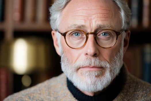 Thoughtful senior man with gray beard and glasses photo