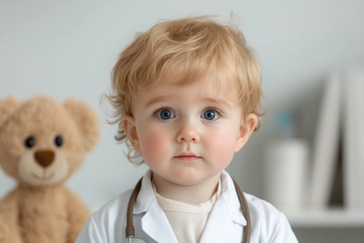 Serious young doctor with teddy bear photo