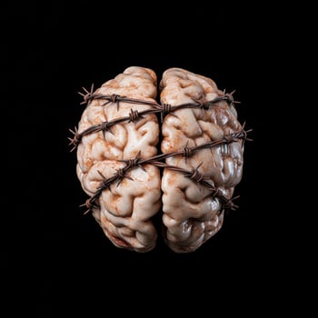 Barbed wire wrapped around human brain photo