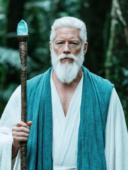 Wise old man with long beard holding mystical crystal staff photo