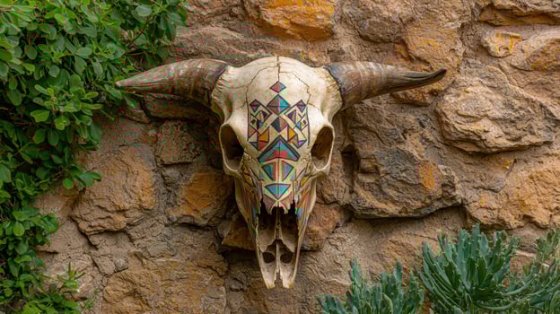 Decorative animal skull with colorful tribal patterns photo