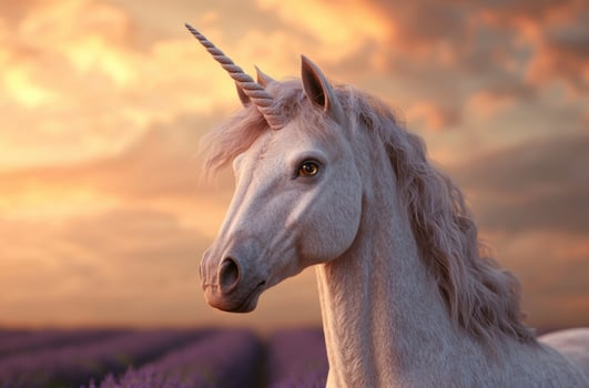 Majestic white unicorn at sunset photo