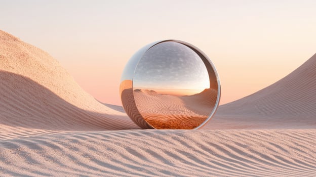 Surreal desert landscape reflected in glass sphere photo