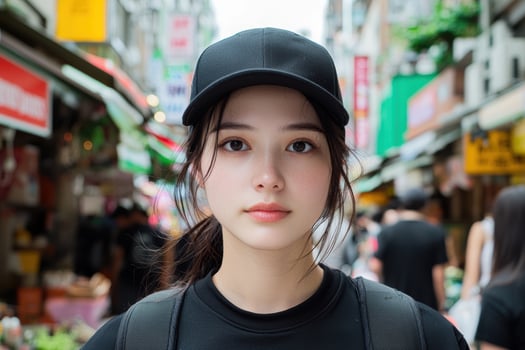 young asian woman with black cap in city street photo