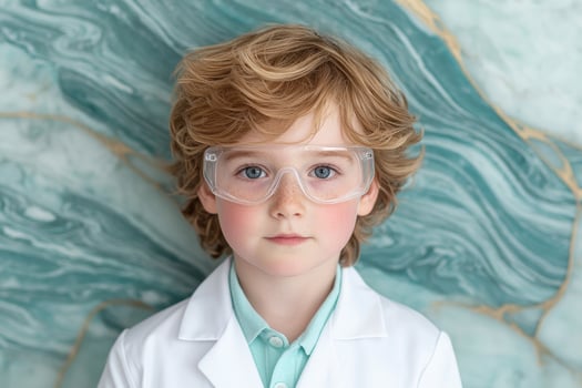 young scientist in lab coat and safety glasses photo