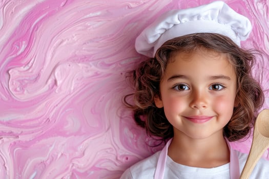 Smiling young girl in chefs hat on pink background photo