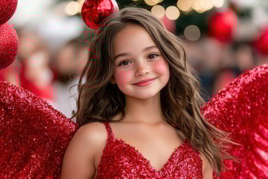 young girl in red sequin dress smiling at camera photo