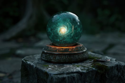 Mystical crystal ball on ancient stone pedestal photo