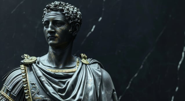 ancient roman emperor statue in dark lighting photo