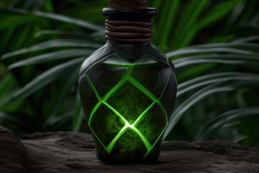 Glowing green potion bottle in nature photo