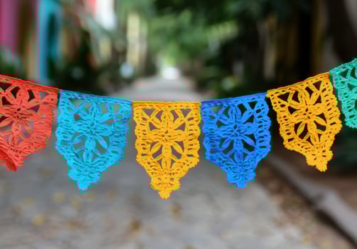 Colorful crocheted flower garland photo