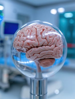 detailed human brain model in glass display photo