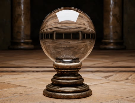 Ornate glass sphere on wooden pedestal photo