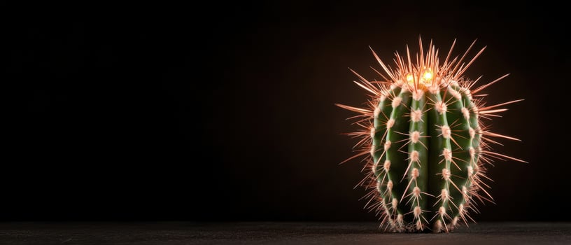 Cactus with sharp spines on dark background photo