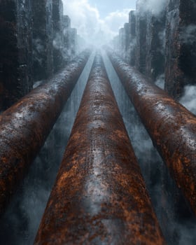 Rusted industrial pipes leading into the distance photo