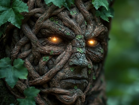 Mystical forest spirit with glowing eyes photo