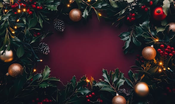 A wreath of holly and berries with a red background photo