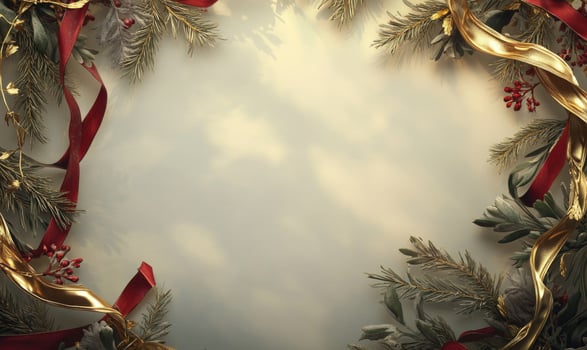 A Christmas wreath with red ribbon and green leaves photo