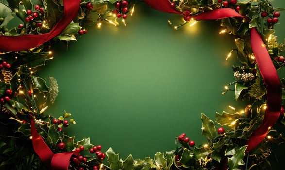 A green background with a red ribbon and a wreath of holly photo