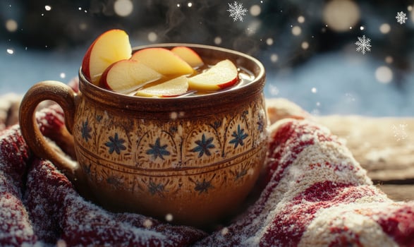 A mug of apple cider with apple slices in it photo