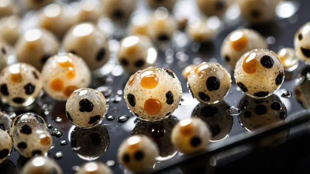 Close-up of spherical objects with distinctive patterns, possibly resembling fish roe or beads. photo