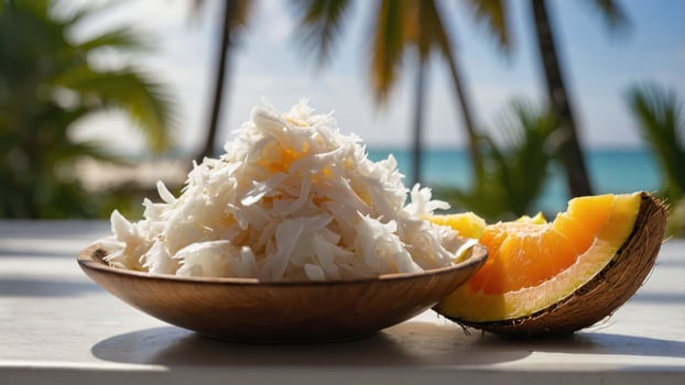A bowl of shredded coconut beside a slice of orange, set against a tropical background. photo