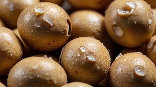 Close-up of round, light brown balls with a shiny surface and small droplets. photo