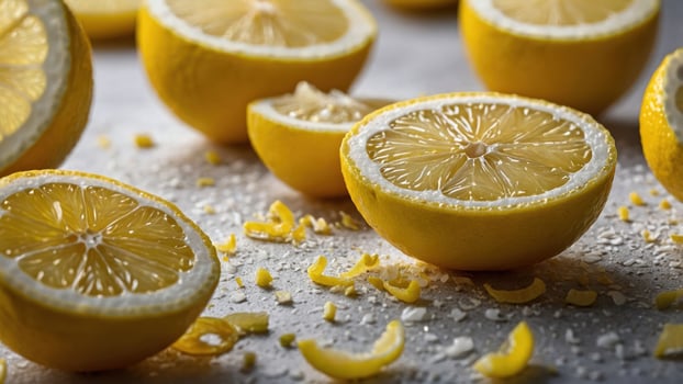 Freshly cut lemons arranged artistically with zest and seeds scattered. photo