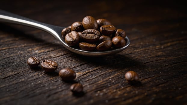 A spoonful of coffee beans resting on a rustic wooden surface. photo