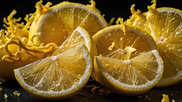 Freshly cut lemons showcasing juicy segments and zest against a dark background. photo