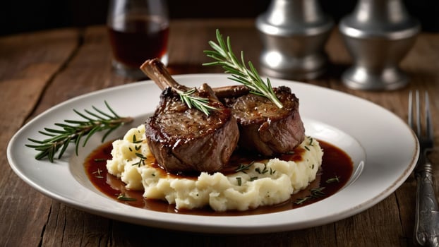 A gourmet dish featuring lamb chops on a bed of mashed potatoes with rosemary garnish. photo