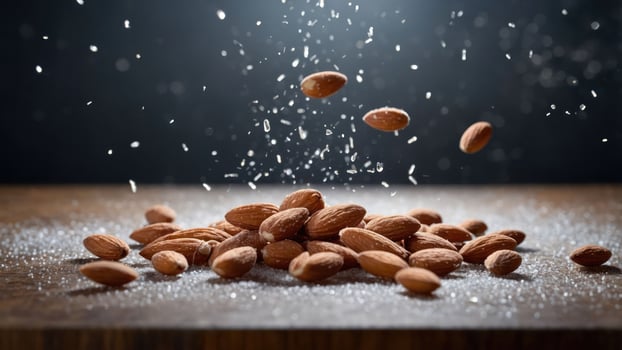 A close-up of almonds scattered on a wooden surface with a sprinkle of salt. photo