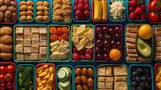 A colorful arrangement of healthy snacks in containers for meal prep or lunchboxes. photo