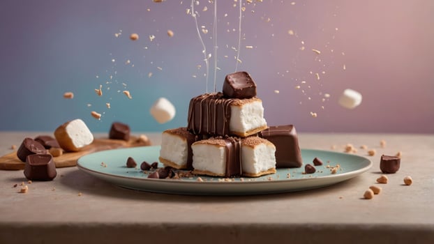 A delightful arrangement of chocolate-covered marshmallow treats on a plate, showcasing dessert appeal. photo
