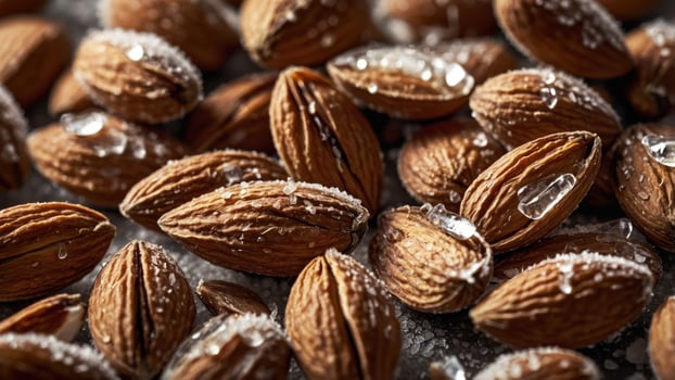 Close-up of almonds with salt and water droplets, highlighting their texture and freshness. photo